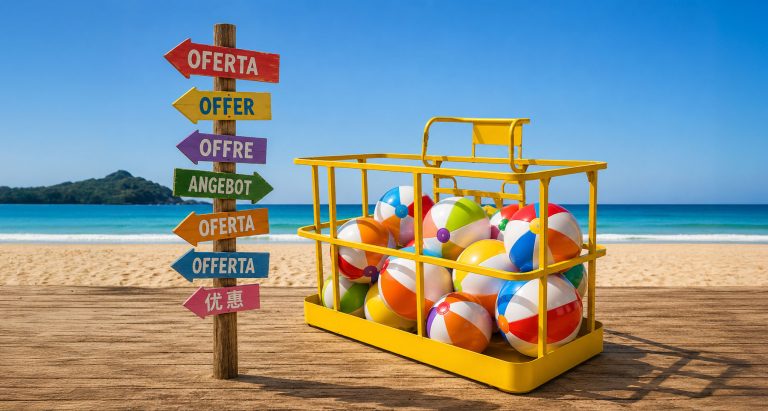 Plataforma elevadora amarilla con pelotas de playa y cartel de ofertas internacionales en una playa, imagen promocional de ofertas de verano para plataformas elevadoras y recambios.