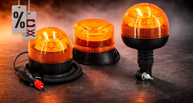 Tres rotativos luminosos LED de color naranja para maquinaria, con etiqueta de descuento.